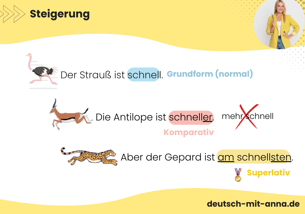 Steigerung der Adjektive im Deutschen visuell erklärt mit Illustrationen und Beispielen